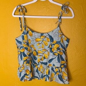 Mine Tank Top Cami Medium Blue Yellow Floral Tie Strap Ruffle Boho Casual Large